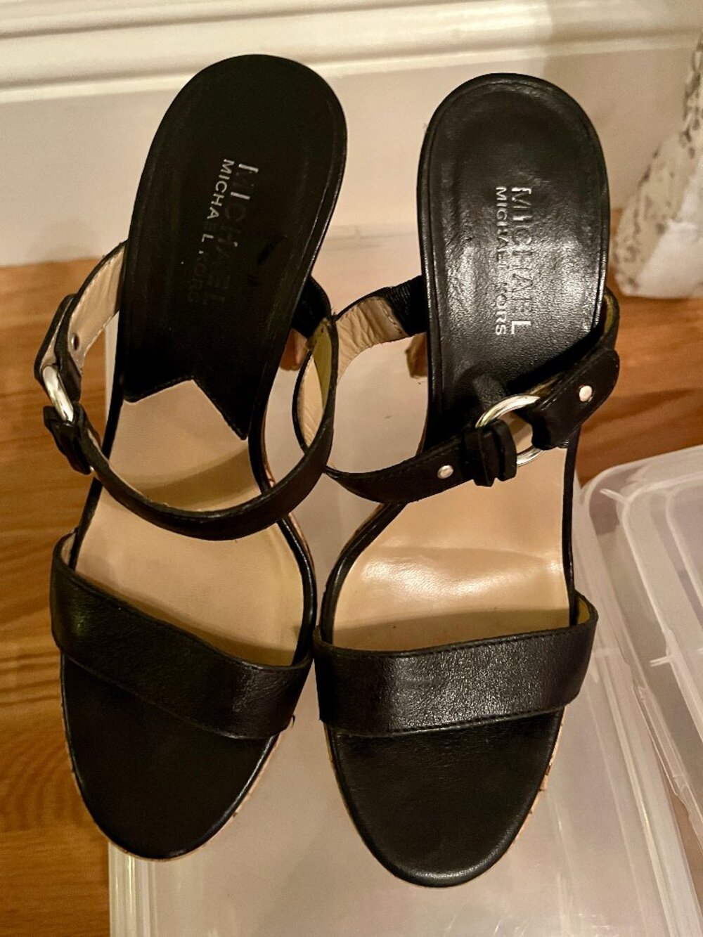 MICHAEL Michael Kors black leather sandals on a cork high heel